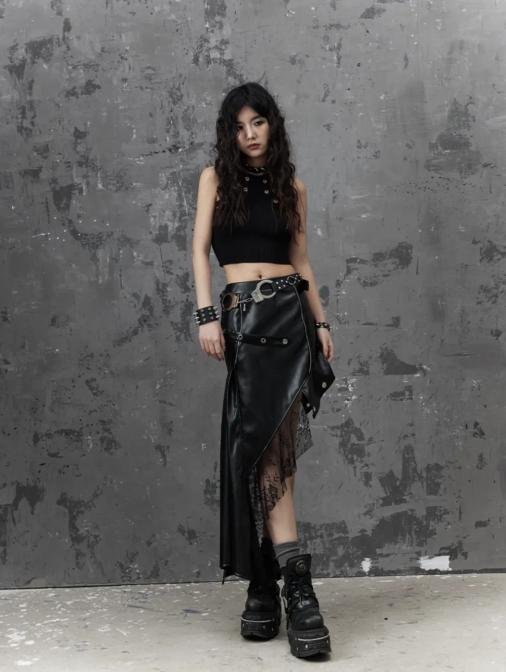 Frustration Garden Gothic Punk Asymmetrical Skirt - Black Faux Leather With Lace Trim And Chain