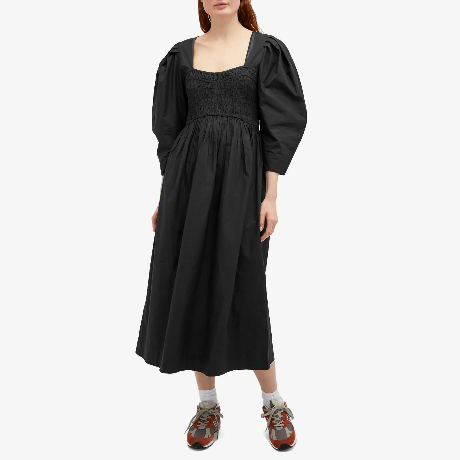 Ganni Open-Neck Smock Long Dress, Black