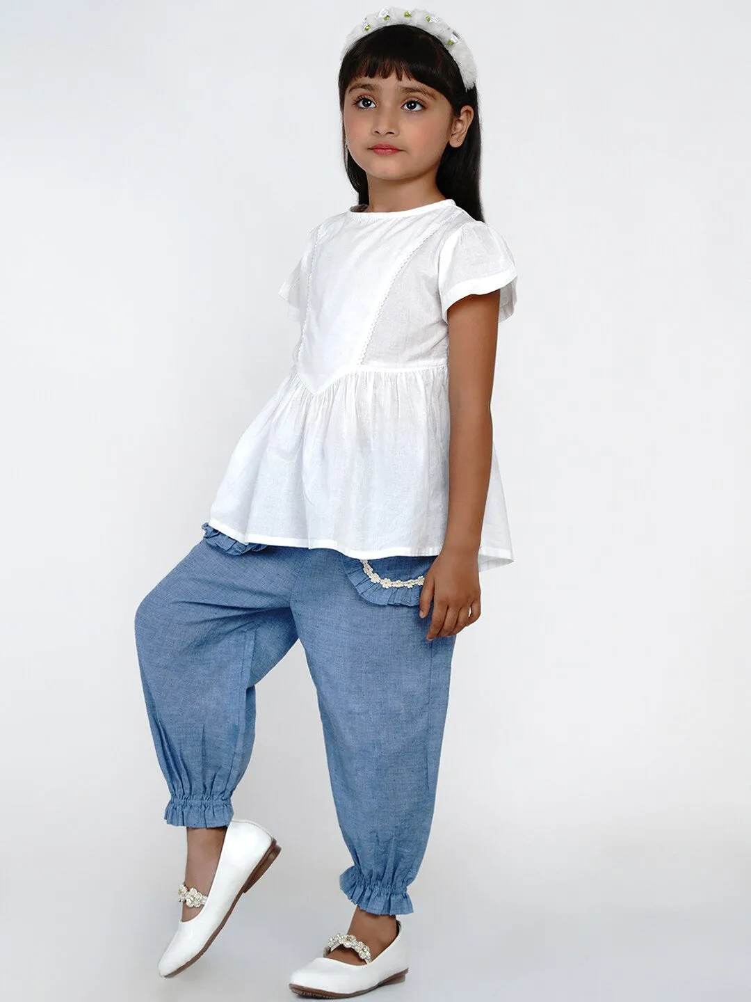 Girl's Off-White & Blue Solid Top with Trousers - NOZ2TOZ KIDS