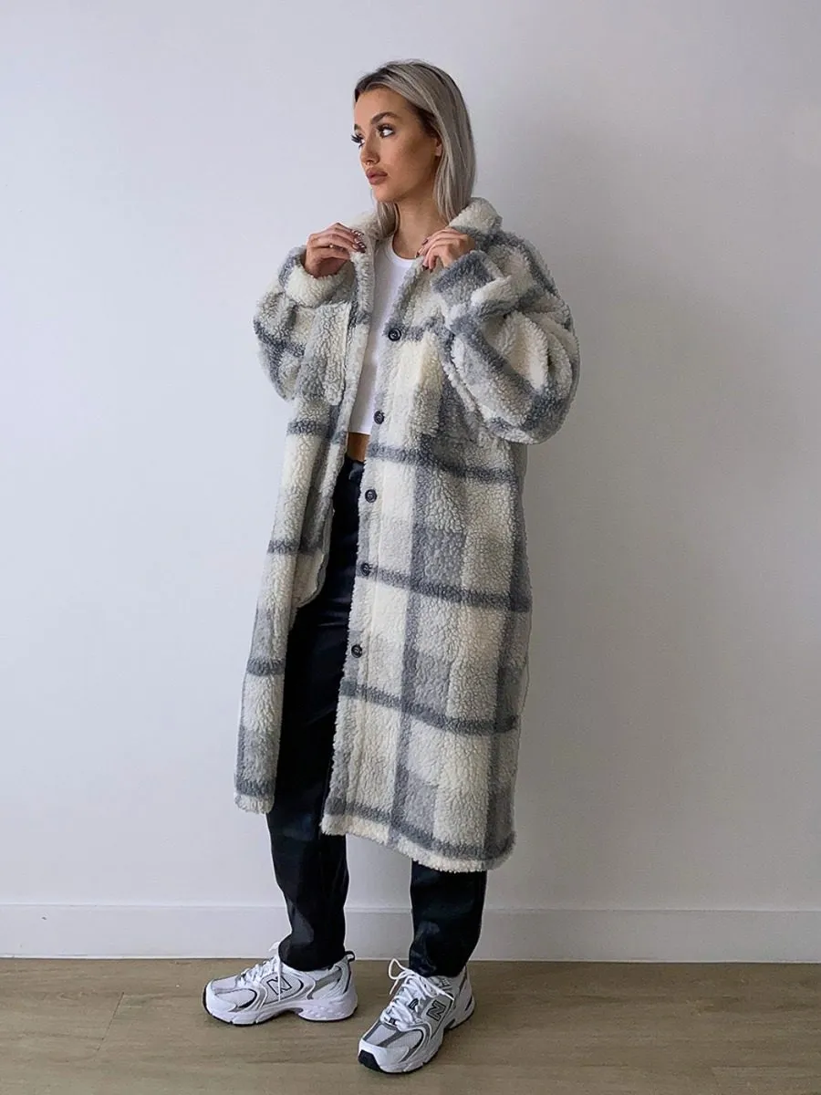 Gloria Check Teddy Borg Longline Coat In Grey