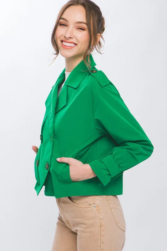 Green Cropped Trench Jacket with Belt Sleeve Detail