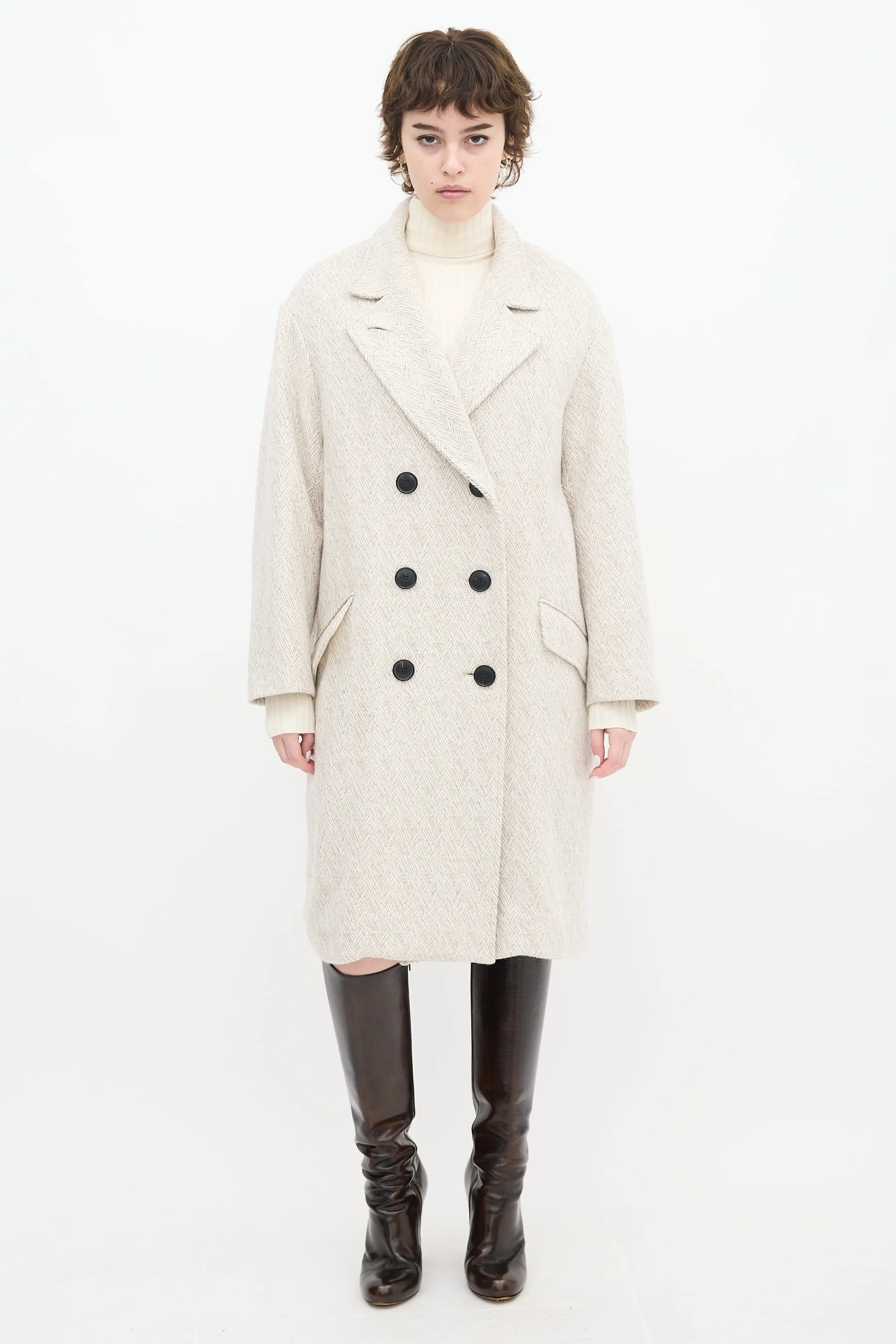 Grey & White Wool Herringbone Long Coat