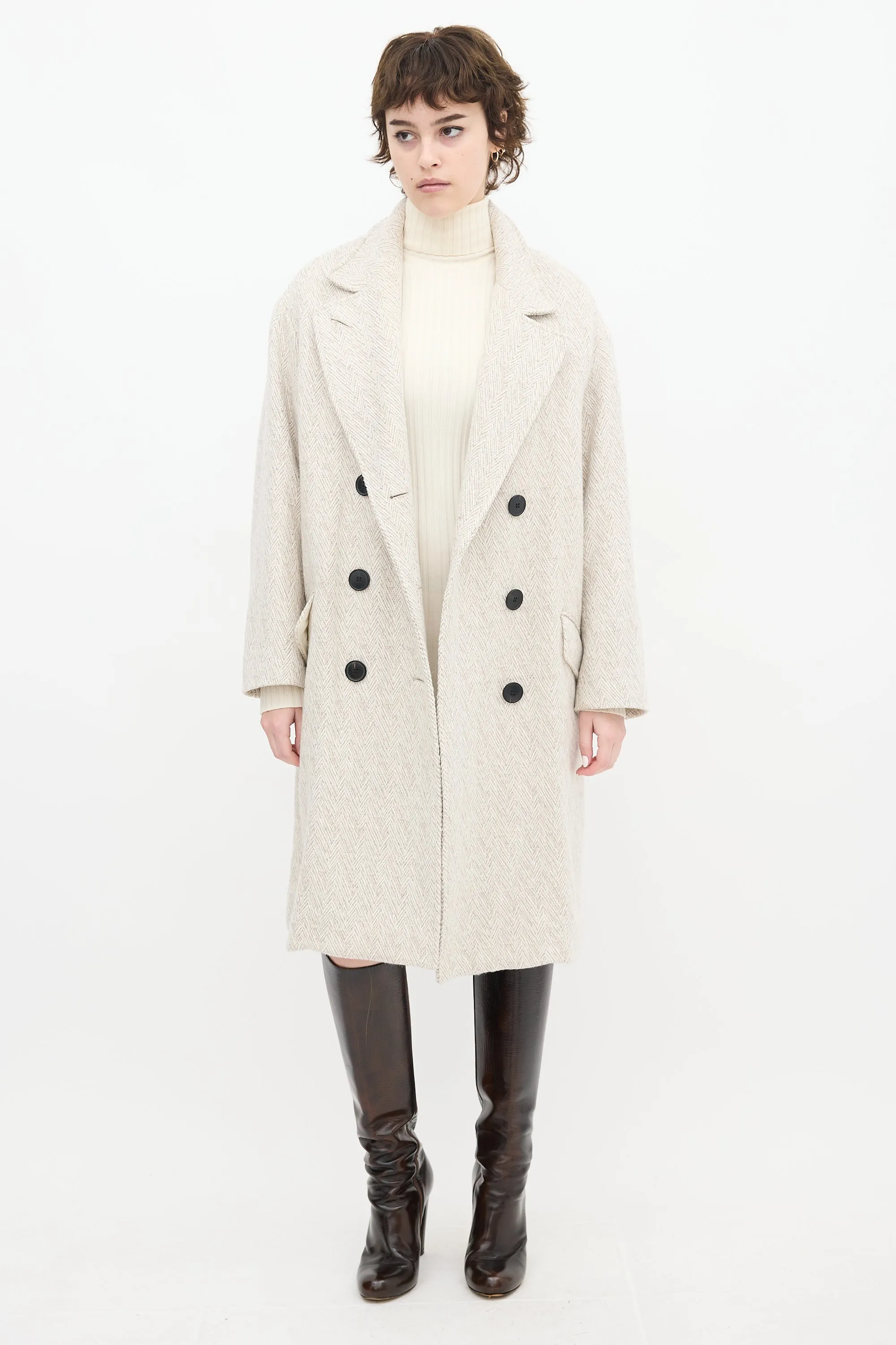 Grey & White Wool Herringbone Long Coat