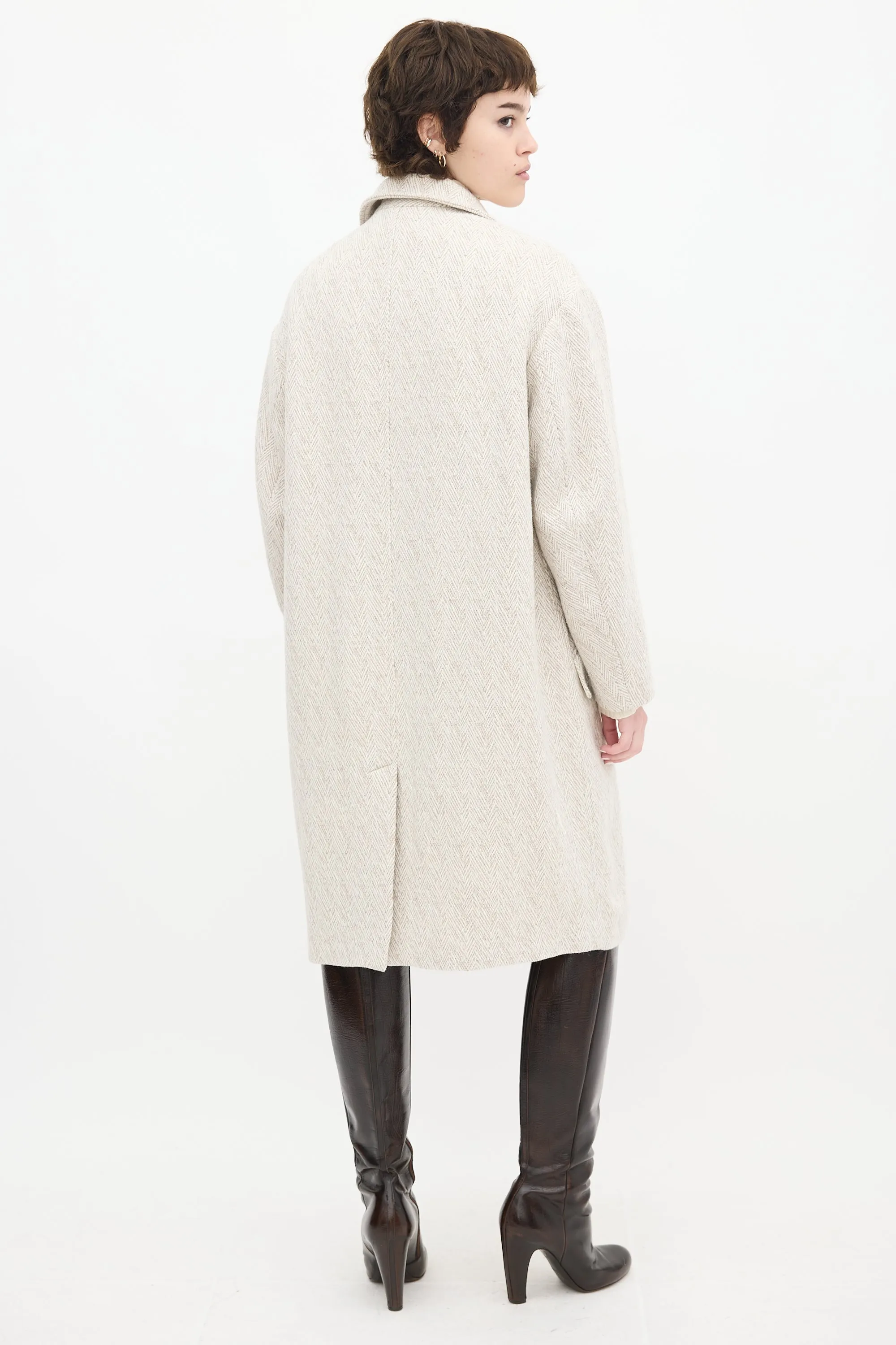 Grey & White Wool Herringbone Long Coat