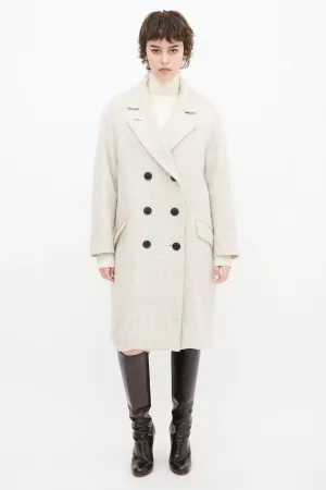 Grey & White Wool Herringbone Long Coat