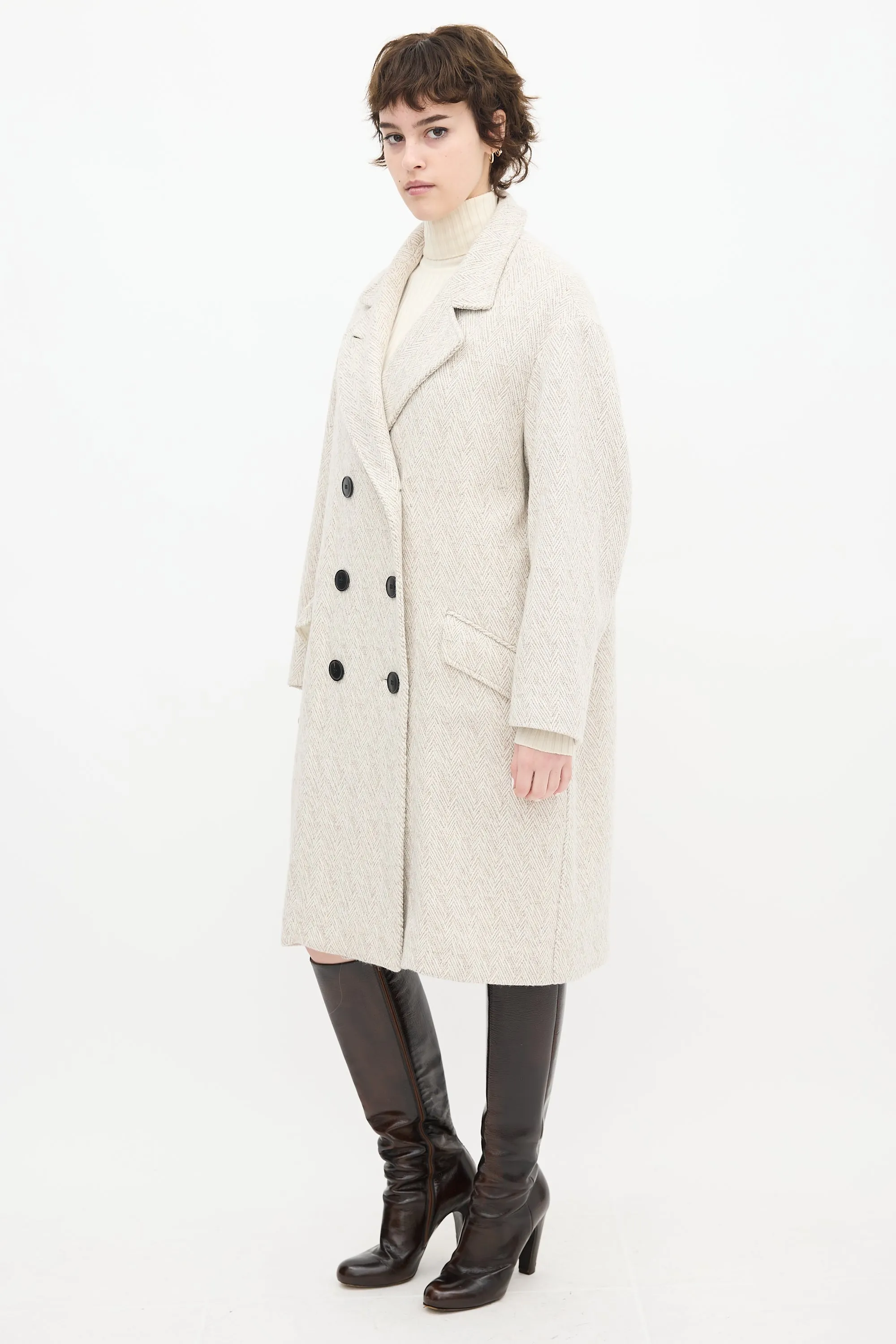 Grey & White Wool Herringbone Long Coat