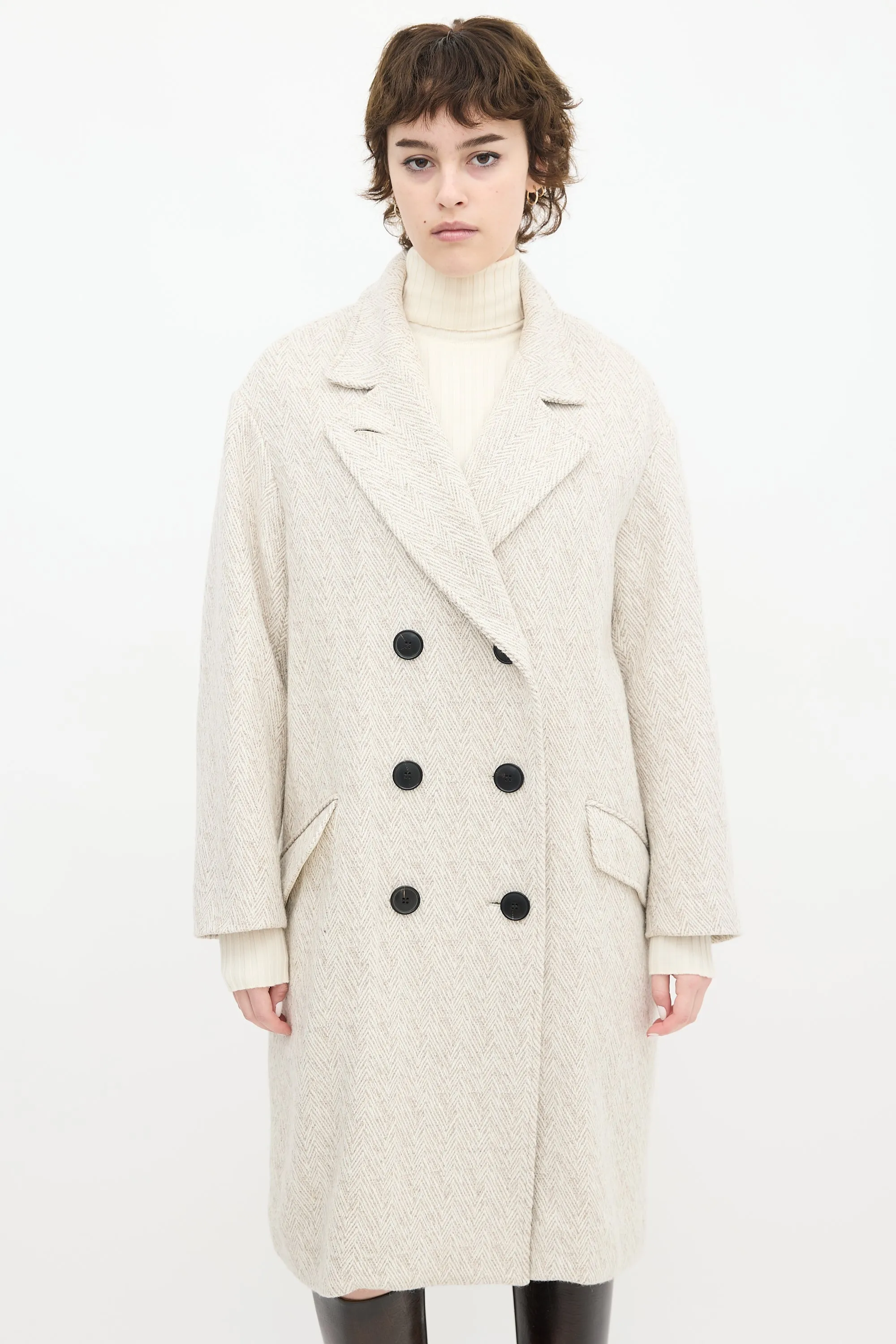 Grey & White Wool Herringbone Long Coat