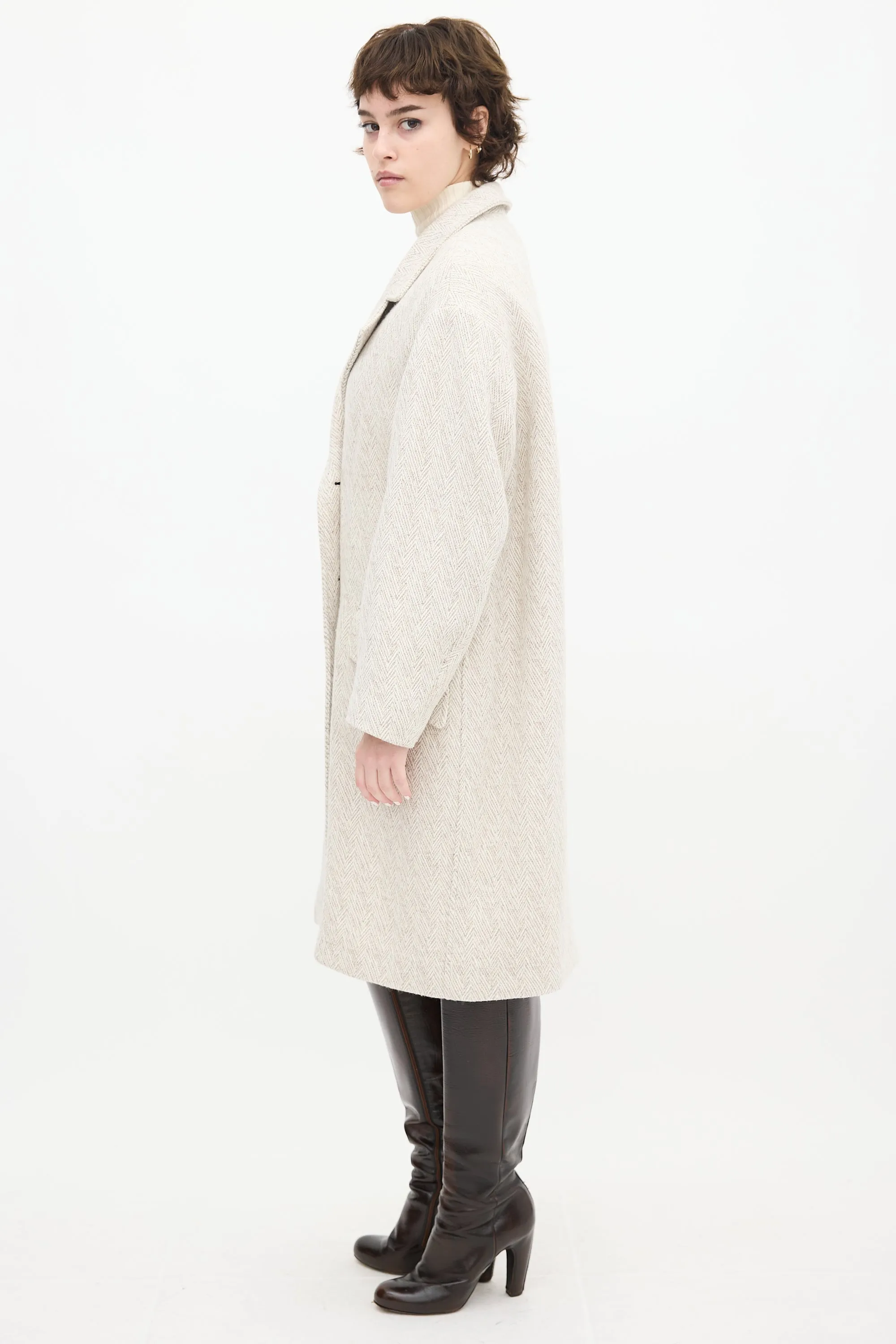 Grey & White Wool Herringbone Long Coat