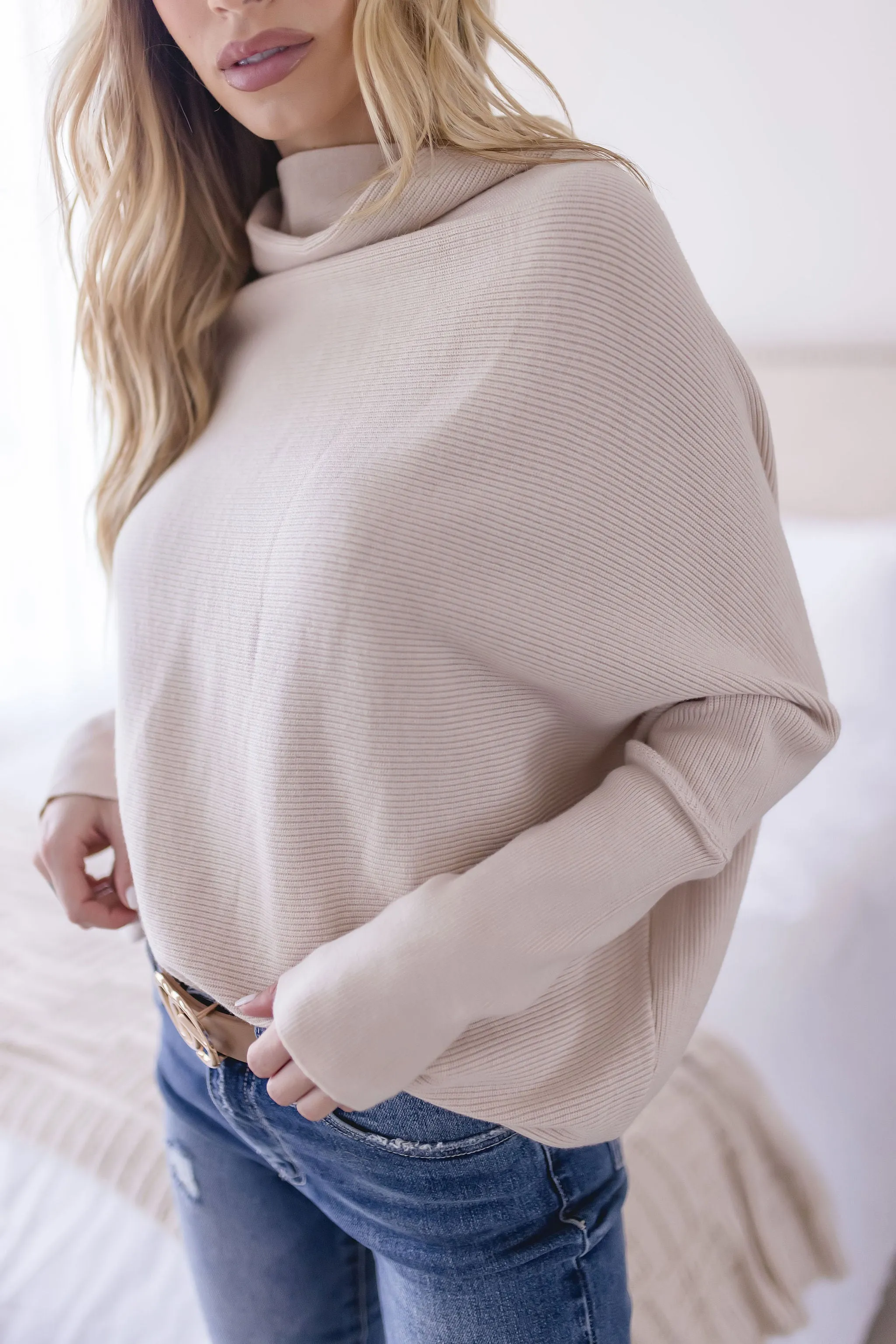 Gwen Long Sleeve Slouched Funnel Neck Sweater Tan