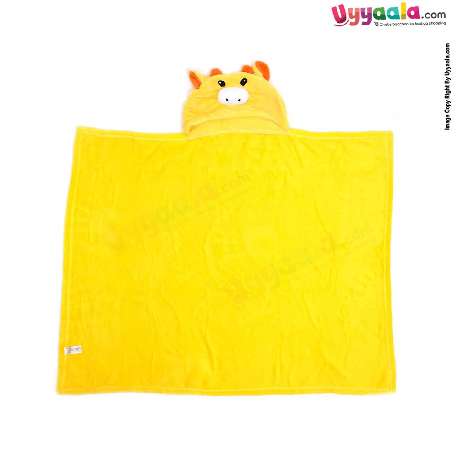 Hooded Coral Fur Blanket with Cow Character 0-24m Age, Size (73*102cm), Yellow