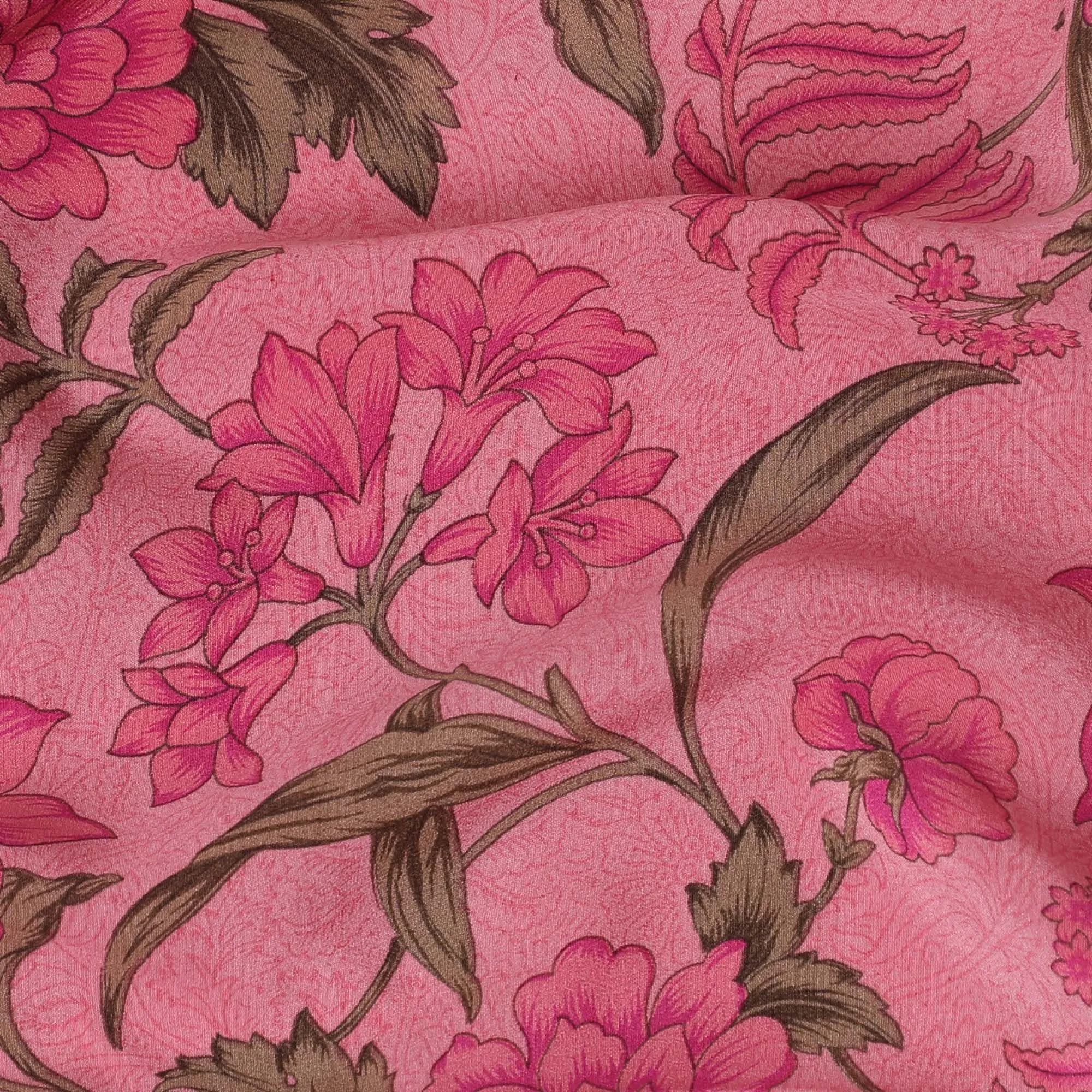 Hot pink Premium pure silk crepe fabric with multicolor print in floral design-D16691