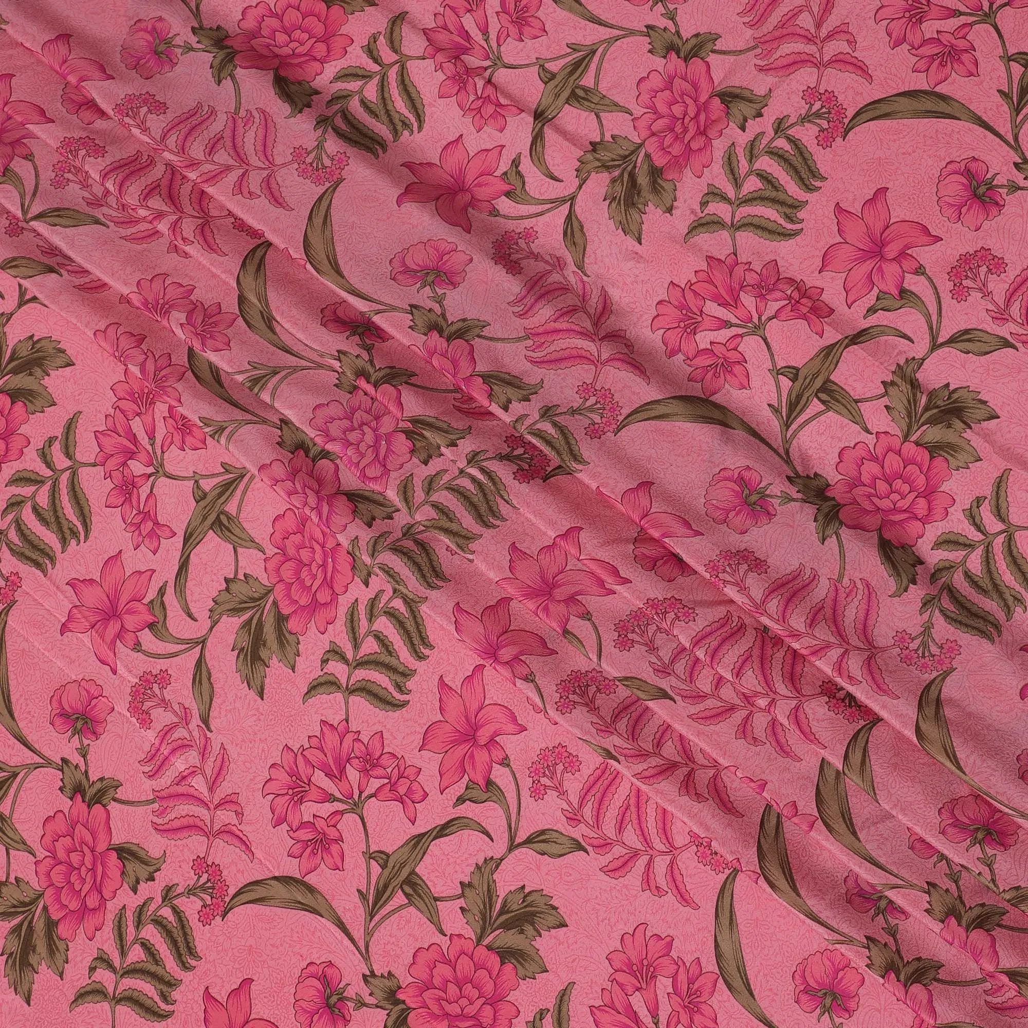 Hot pink Premium pure silk crepe fabric with multicolor print in floral design-D16691