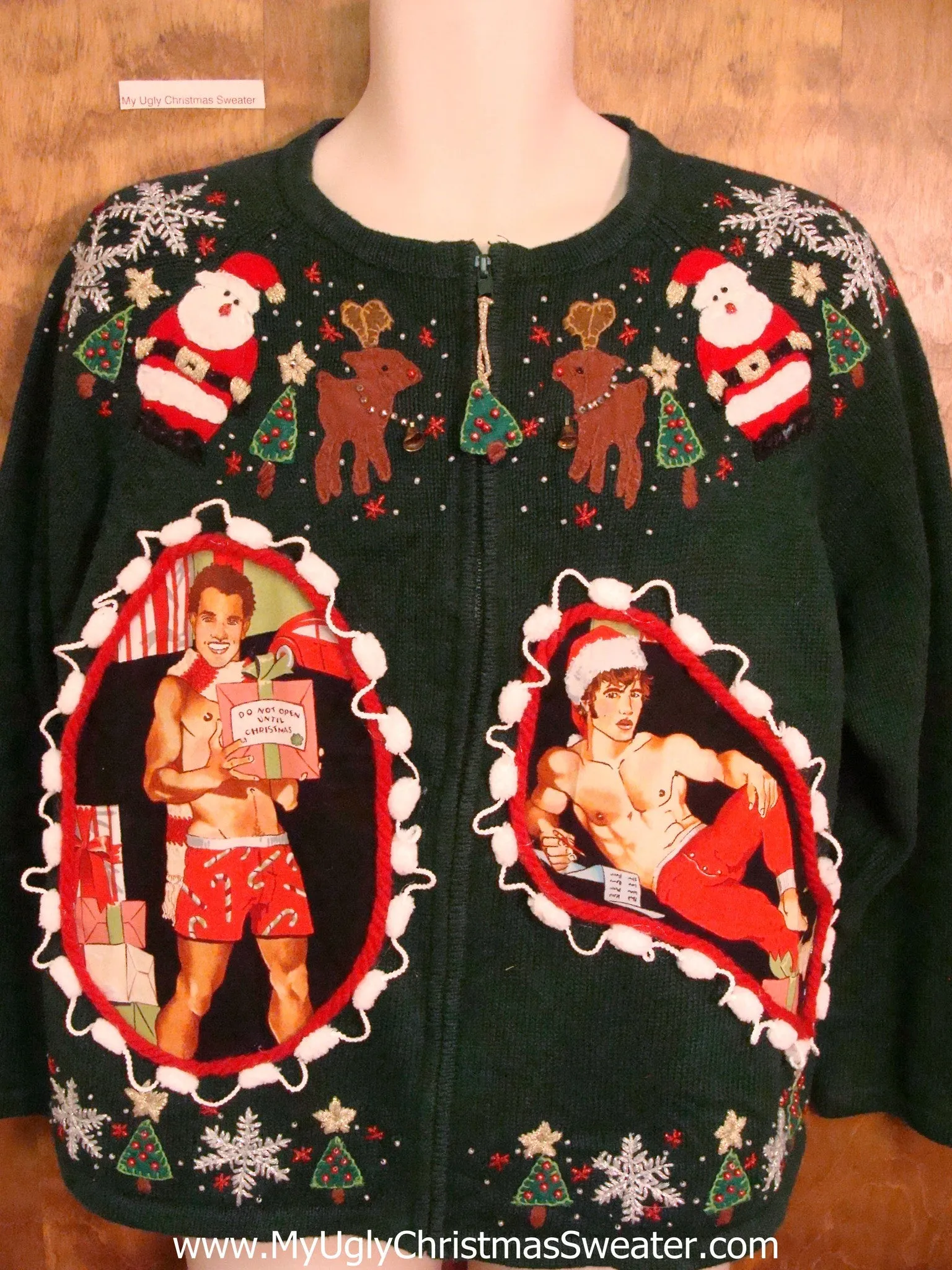 Hottie Guy with Santa and Reindeer Ugly Christmas Sweater