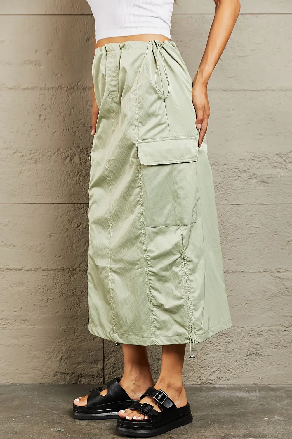 HYFVE Just In Time High Waisted Cargo Midi Skirt Light Green