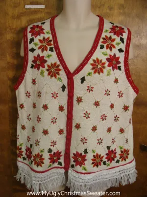 Ivory and Red Poinsettias Christmas Sweater Vest