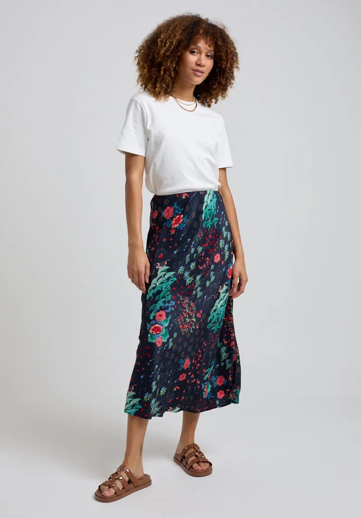 Ivy Bias Cut Wonderland Print Midi Skirt In Black