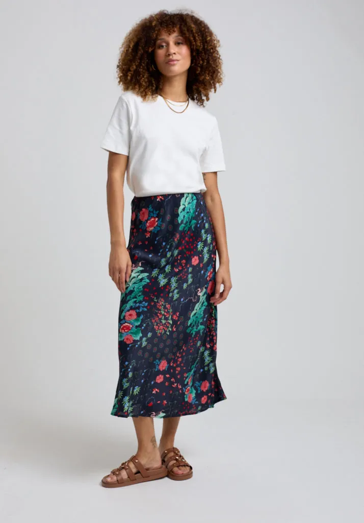 Ivy Bias Cut Wonderland Print Midi Skirt In Black