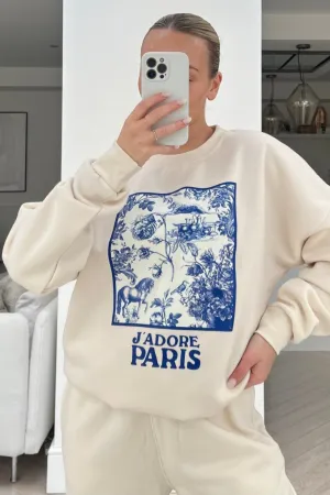 Jadore Paris blue floral box printed ecru sweater