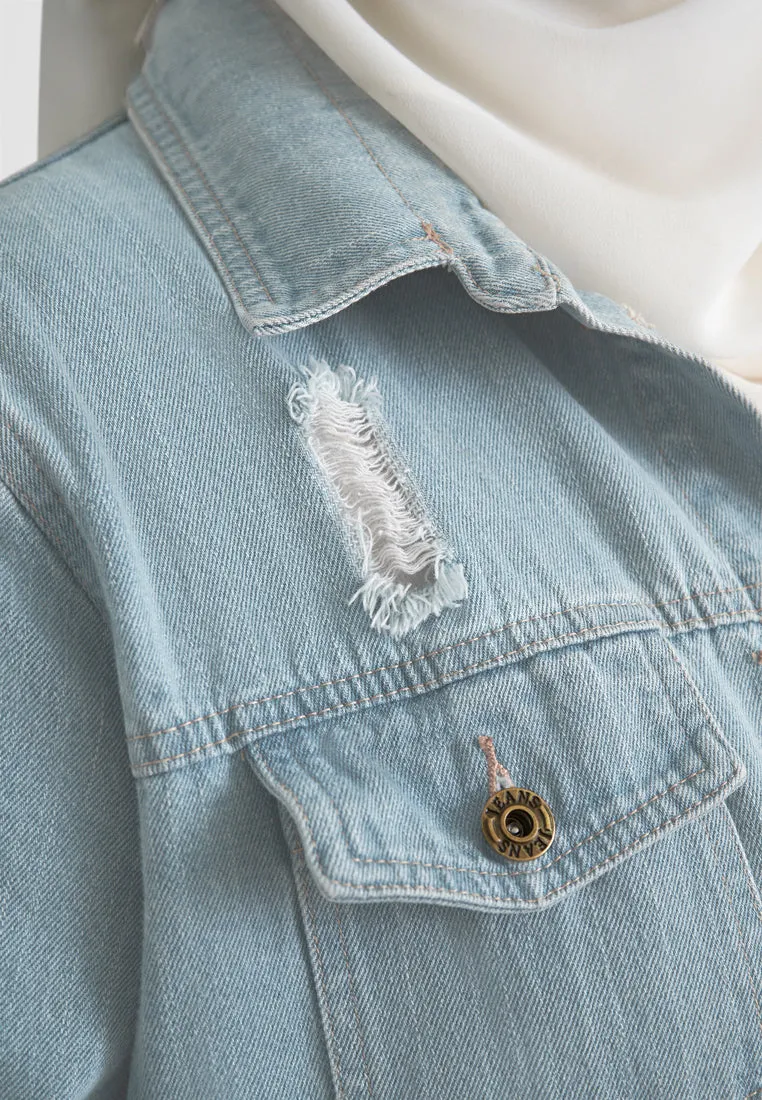 Jezebel Ripped Denim Jacket - Light Blue