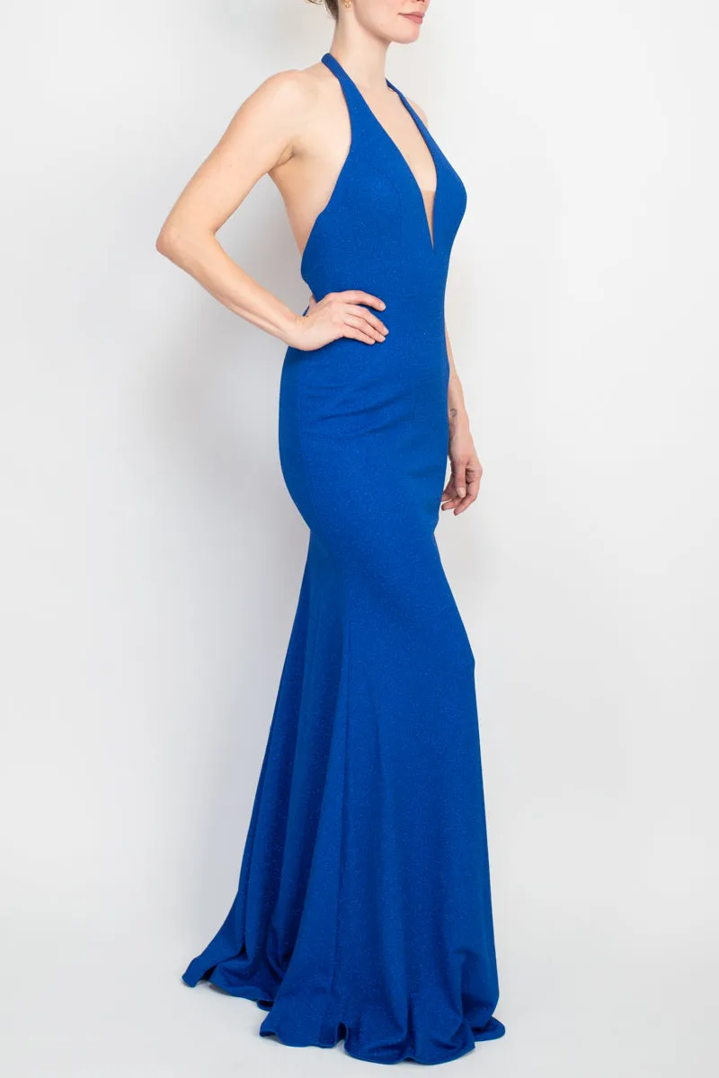 Jovani plunging halter bodycon metallic crepe prom gown