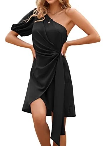 KIRUNDO 2023 Womens Summer One Shoulder Short Sleeve Tie Waist Ruched Bodycon Mini Dress Wrap Short Party Cocktail Dresses(Black, X-Large)