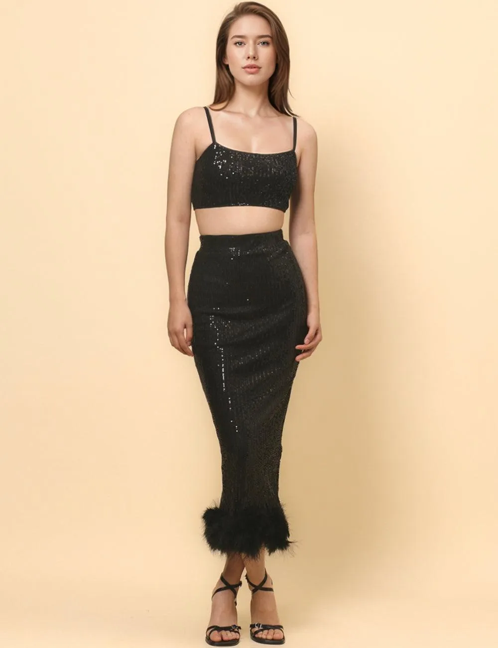 Ladies Shinny Sequin Night Out Feather Midi Skirt SKS4863