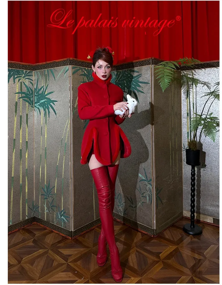 le palais vintage retro elegant red furry slit jacket coat - Dtri