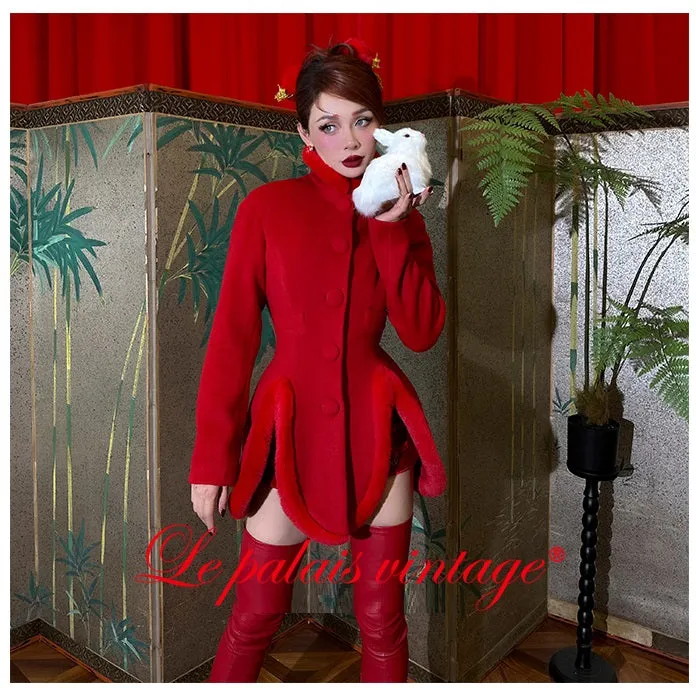 le palais vintage retro elegant red furry slit jacket coat - Dtri