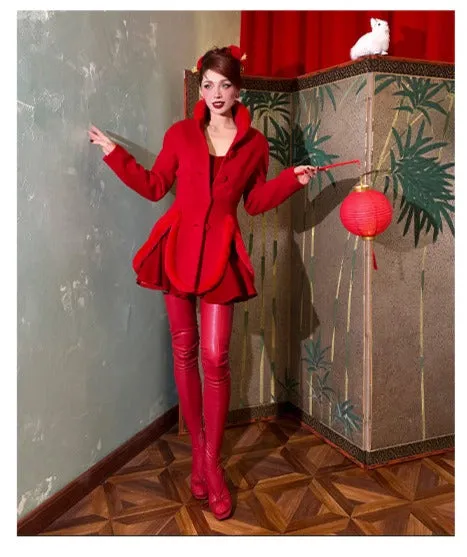 le palais vintage retro elegant red furry slit jacket coat - Dtri