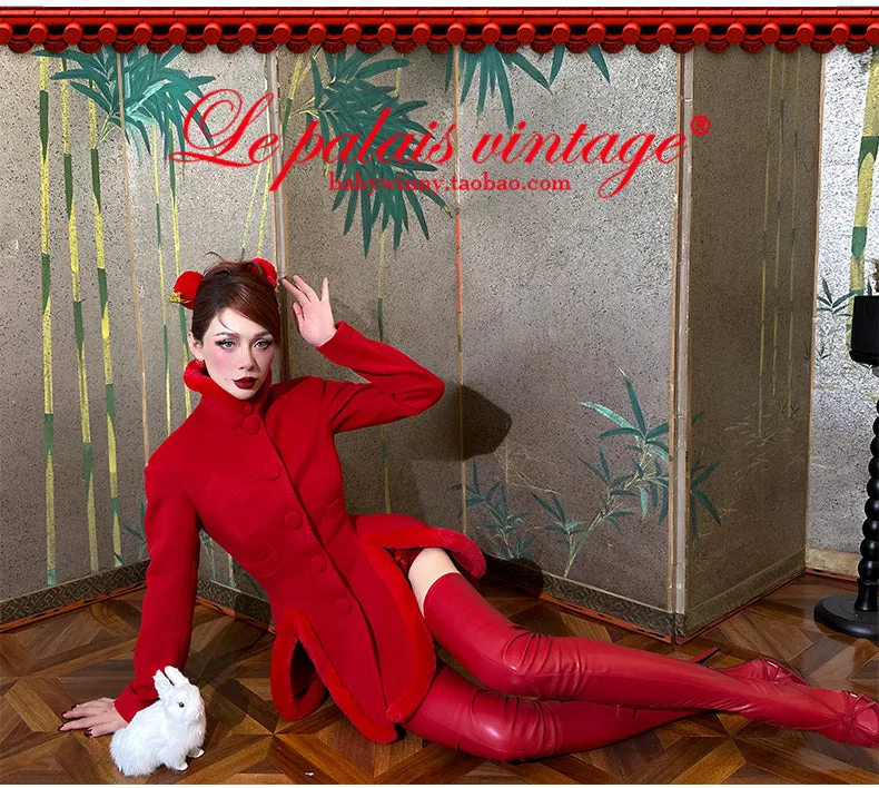 le palais vintage retro elegant red furry slit jacket coat - Dtri