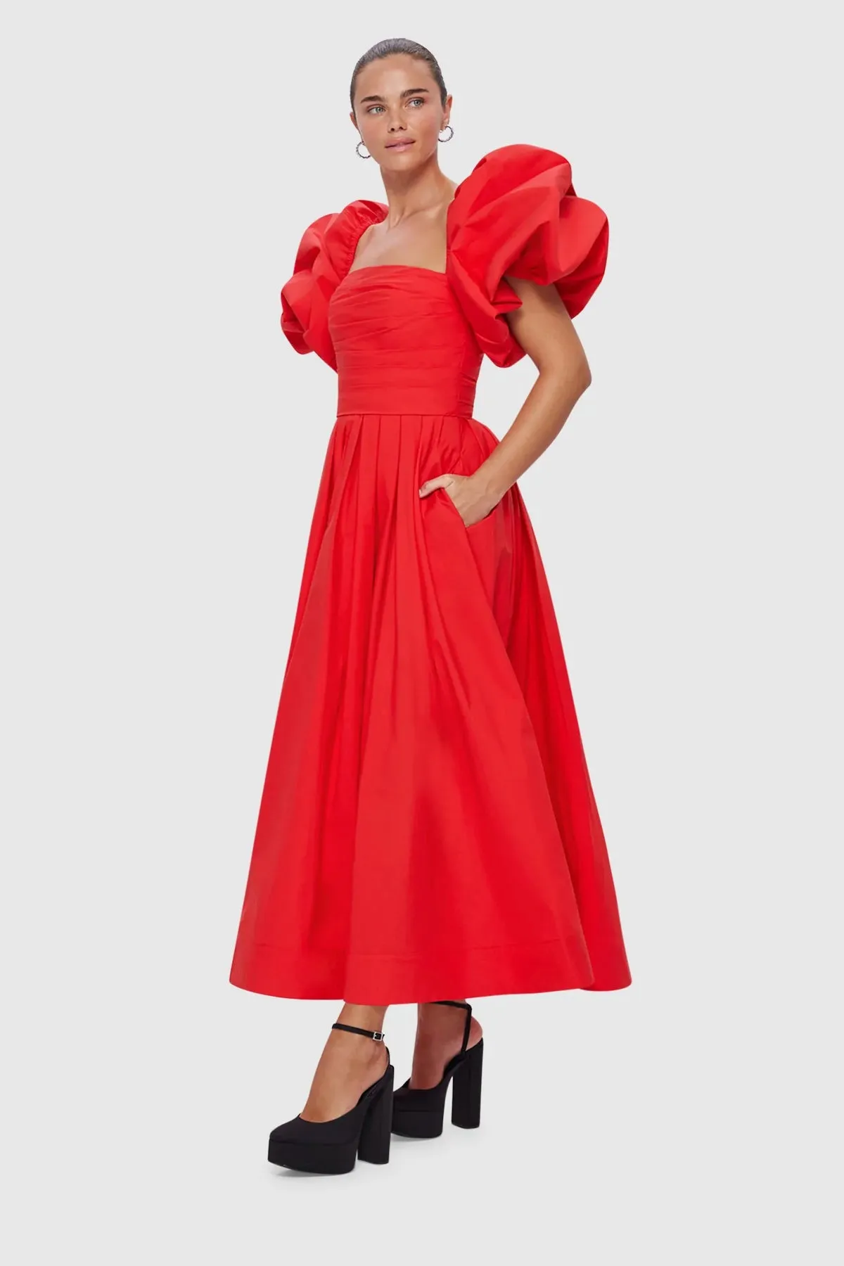 Leo Lin Matilda Puff Sleeve Midi Dress - Scarlet