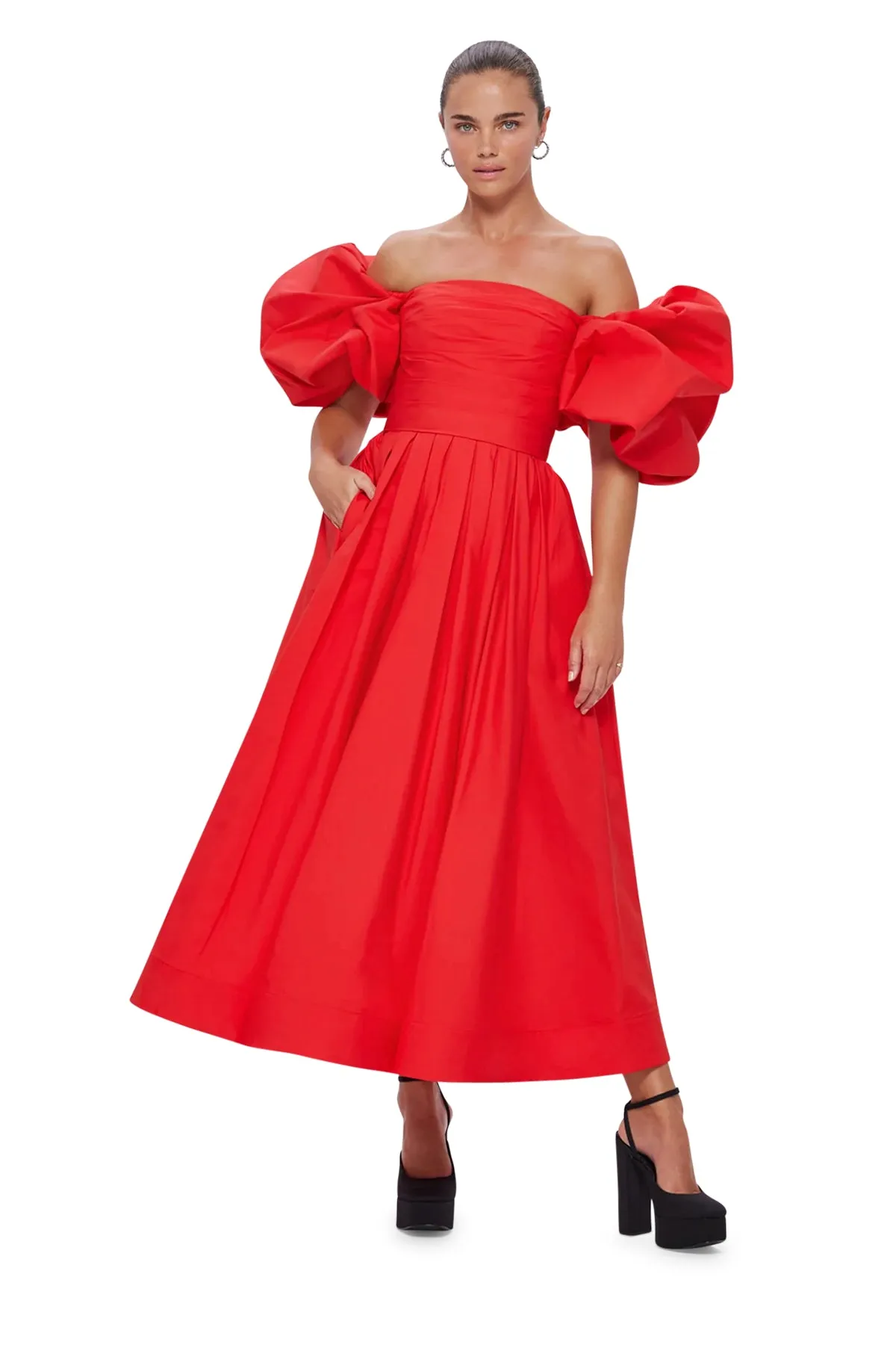 Leo Lin Matilda Puff Sleeve Midi Dress - Scarlet