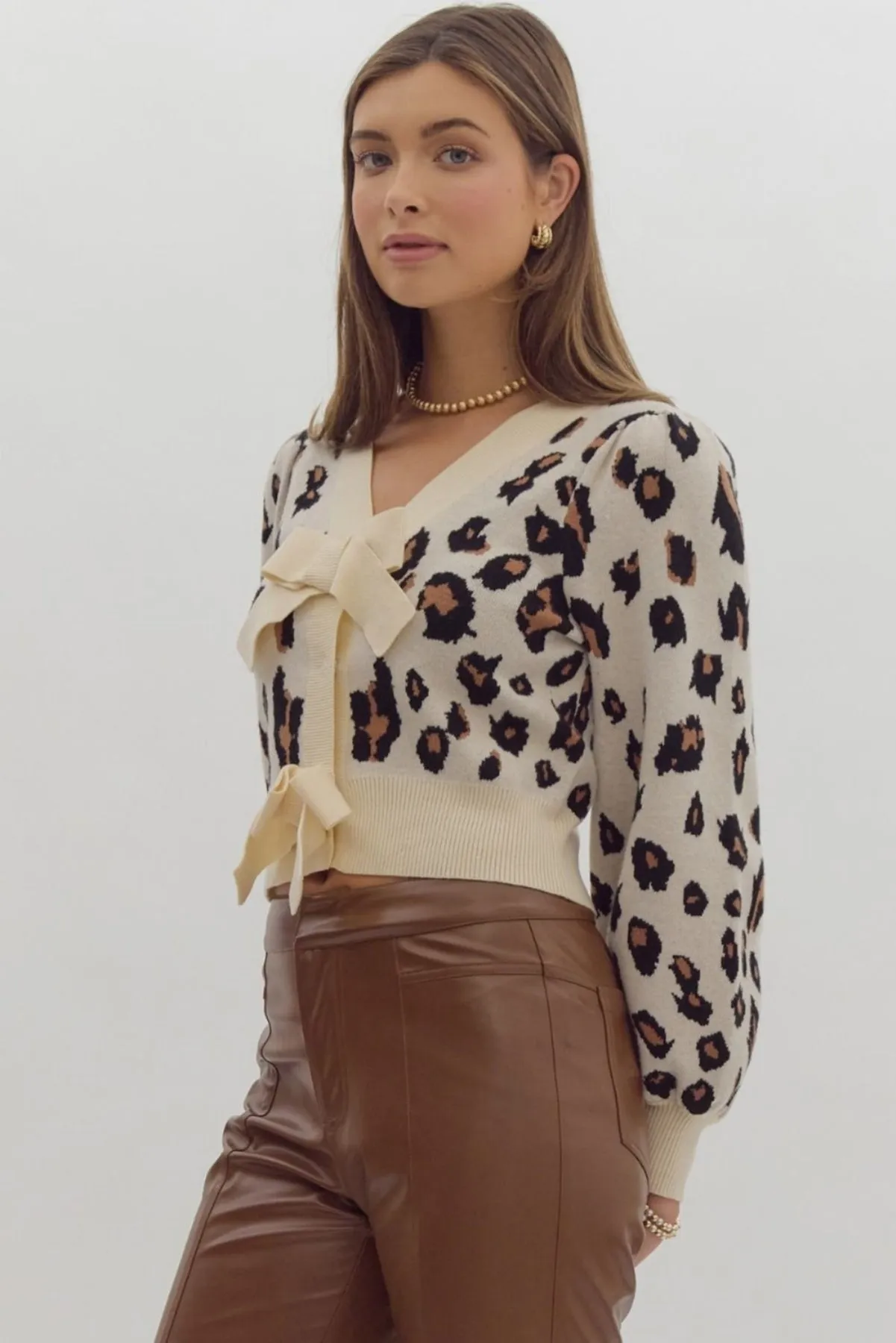 Leopard Bow Cropped Cardigan