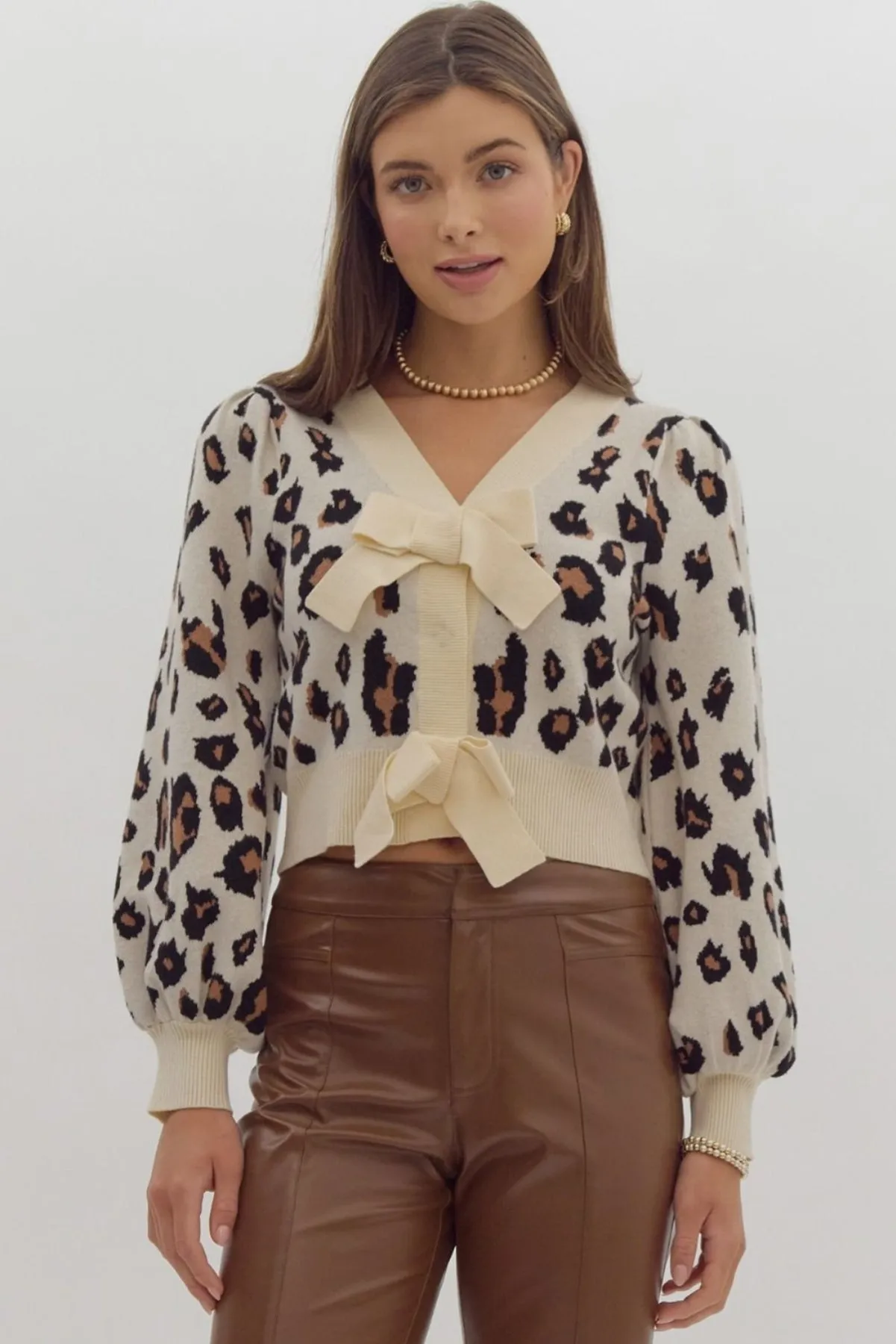 Leopard Bow Cropped Cardigan