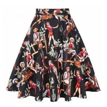 Leopard Print High Waist Skirt Pleated Women Flared Runway Midi Skirt Fashion Cotton Swing Rockabilly Party Skirts Gothic