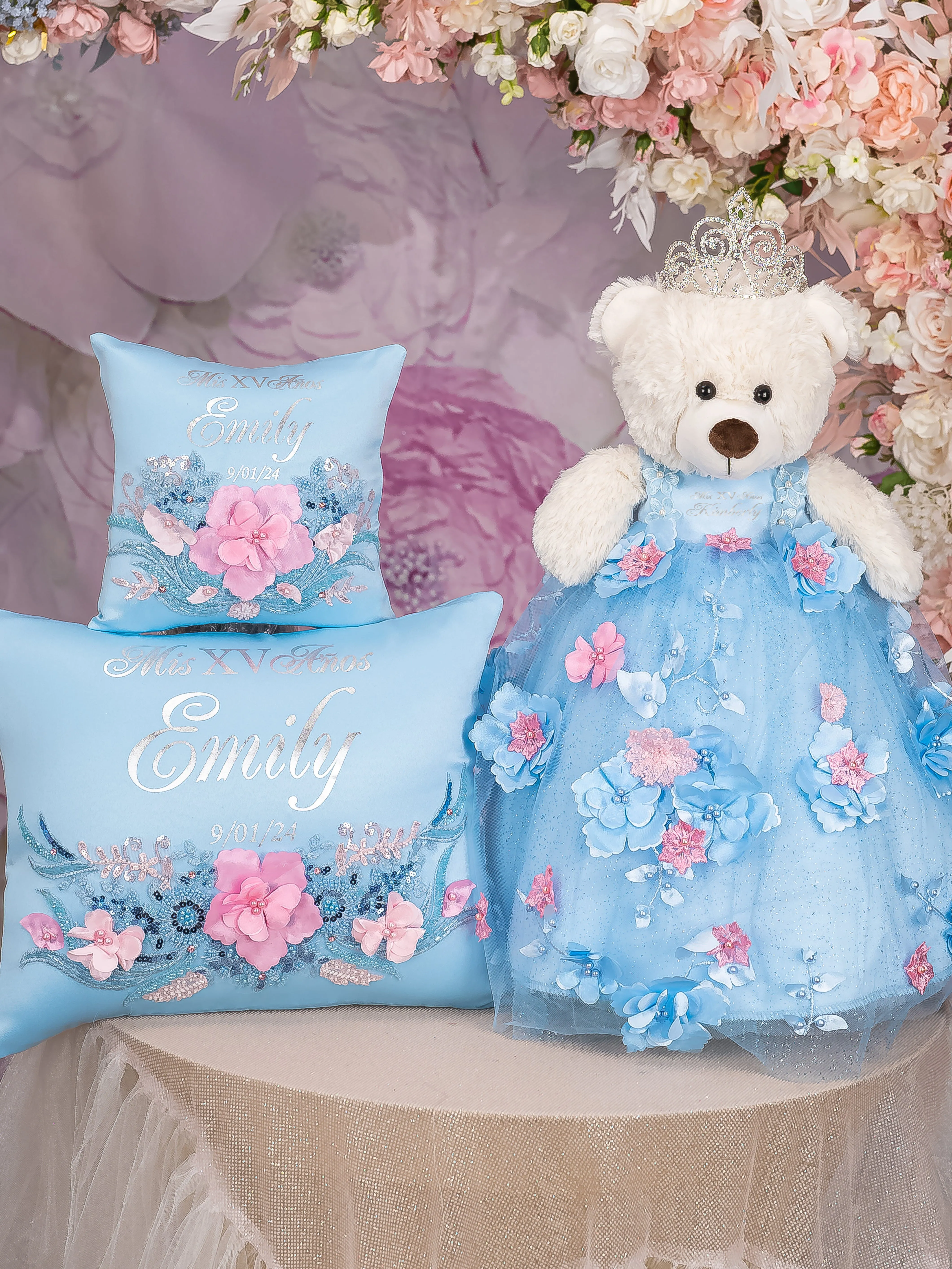 Light blue with Pink Teddy Bear for quinceanera