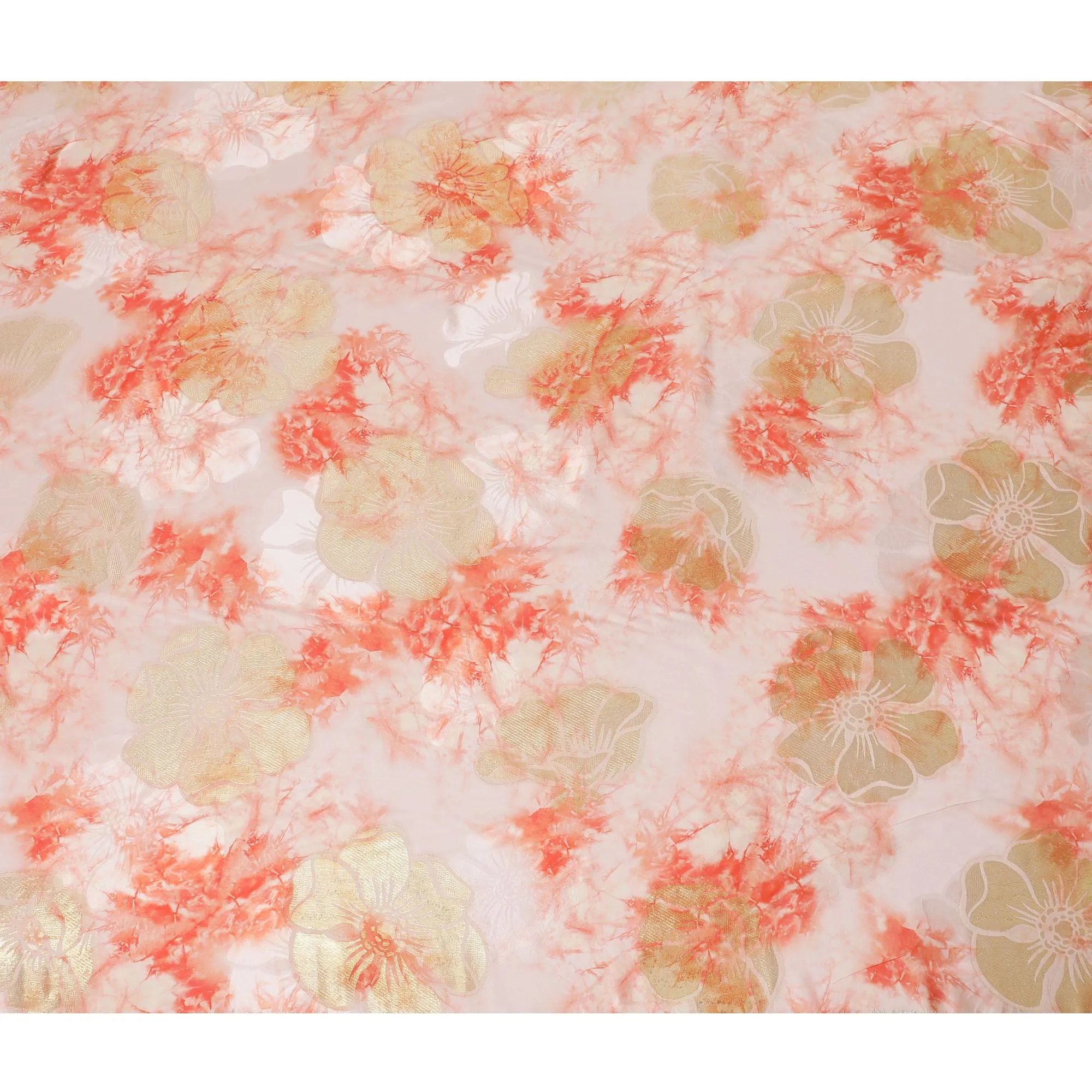 Light peach Premium pure silk crepe fabric with same tone jacquard having peach print and gold metallic lurex in floral design-D15720