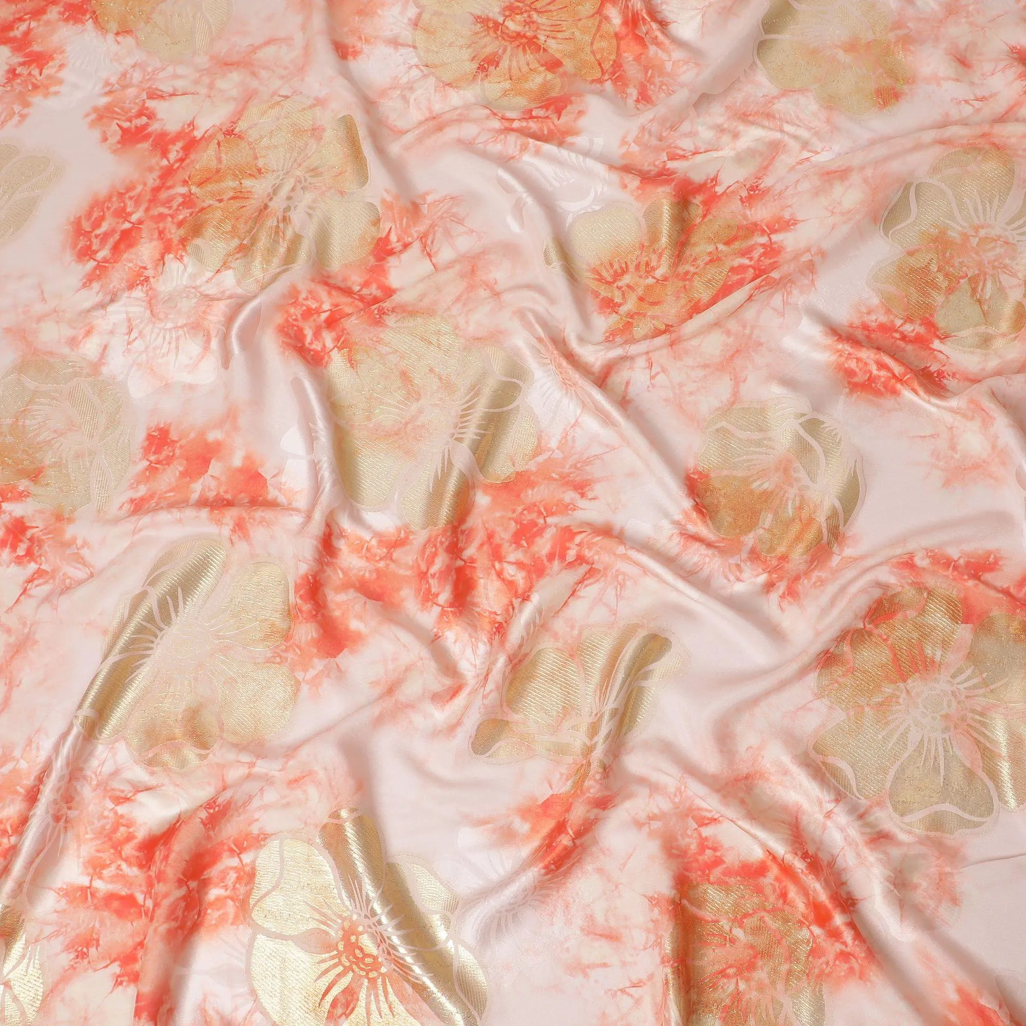 Light peach Premium pure silk crepe fabric with same tone jacquard having peach print and gold metallic lurex in floral design-D15720