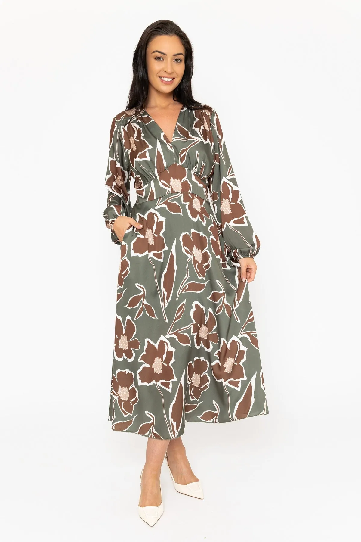 Long Sleeve Cliodhna Midi Dress Sateen Khaki Print