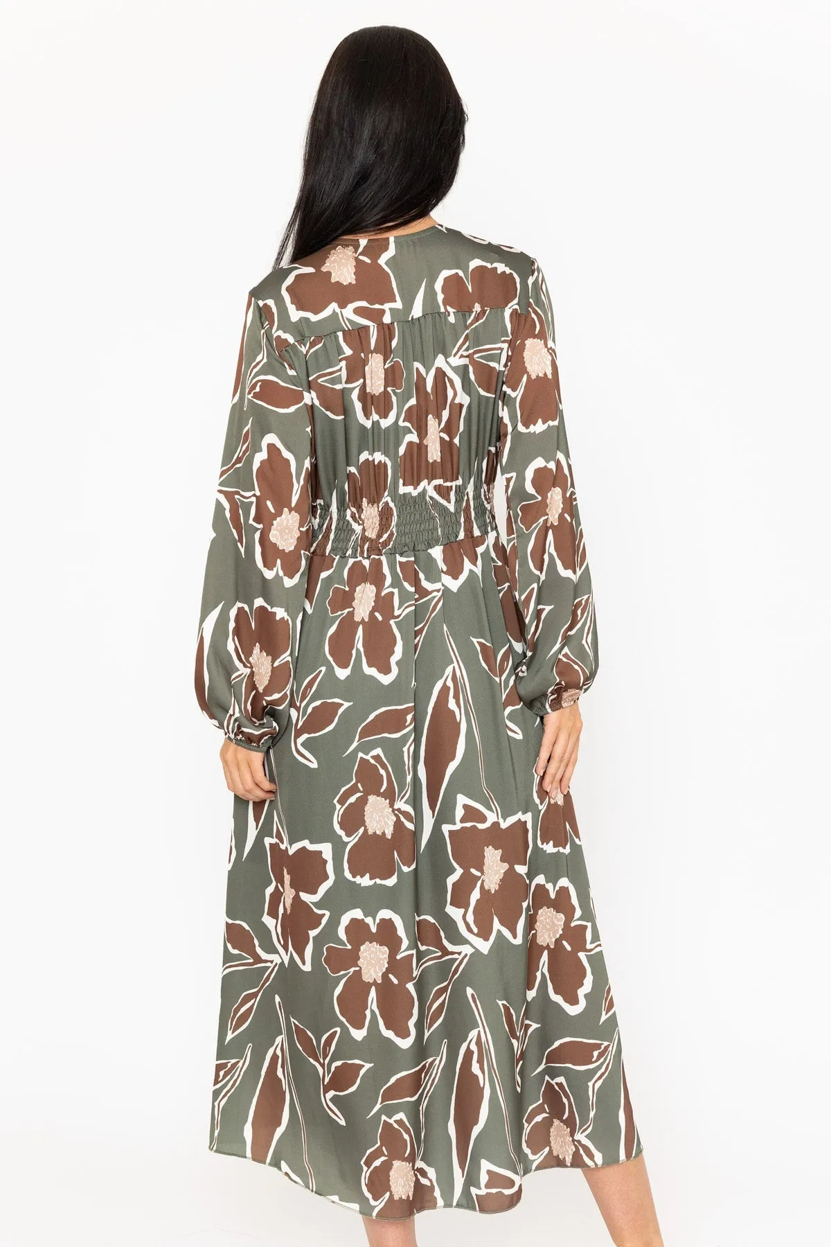 Long Sleeve Cliodhna Midi Dress Sateen Khaki Print