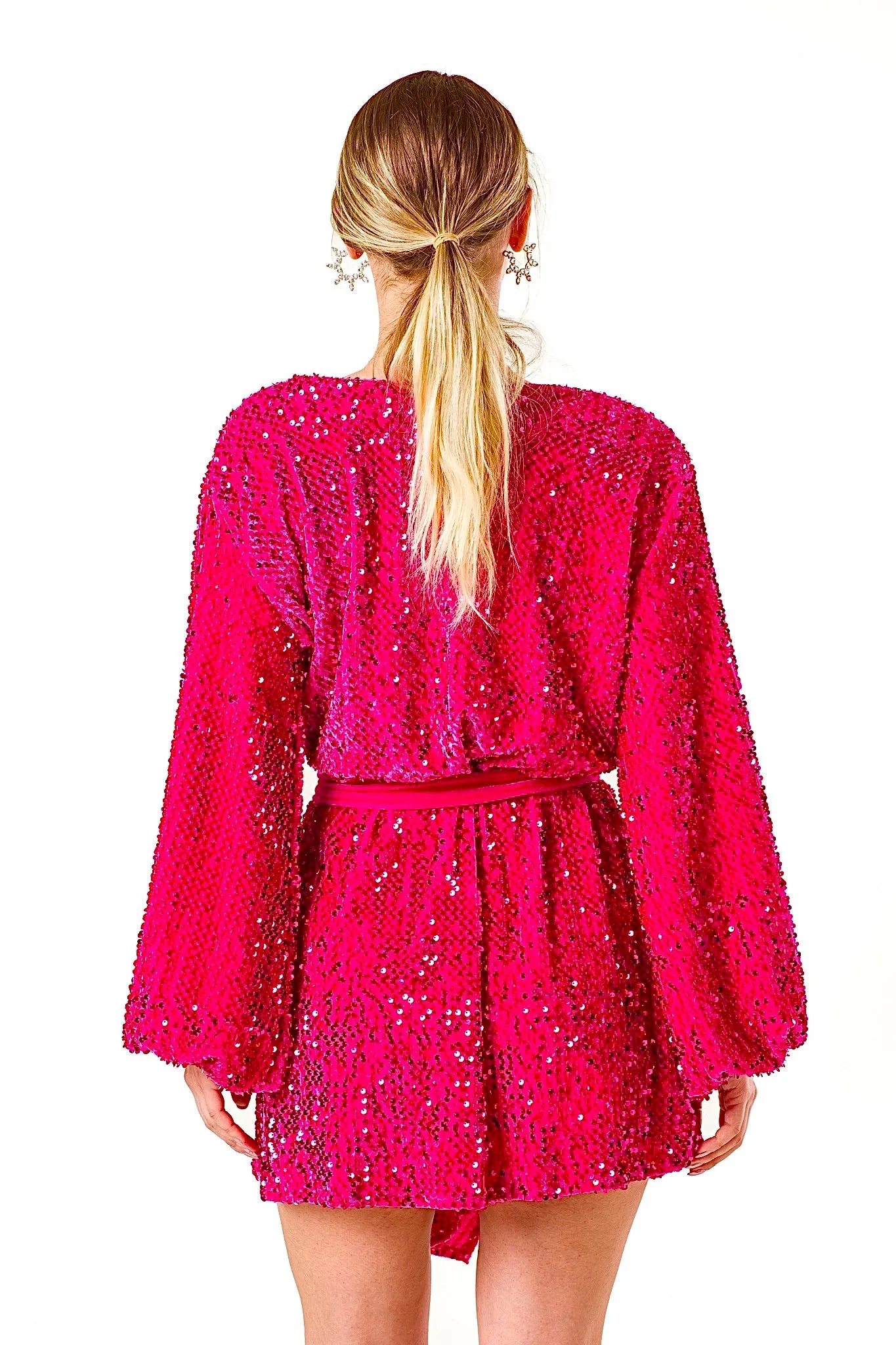 Long Sleeve Wrap Dress In Pink Sequin Velvet