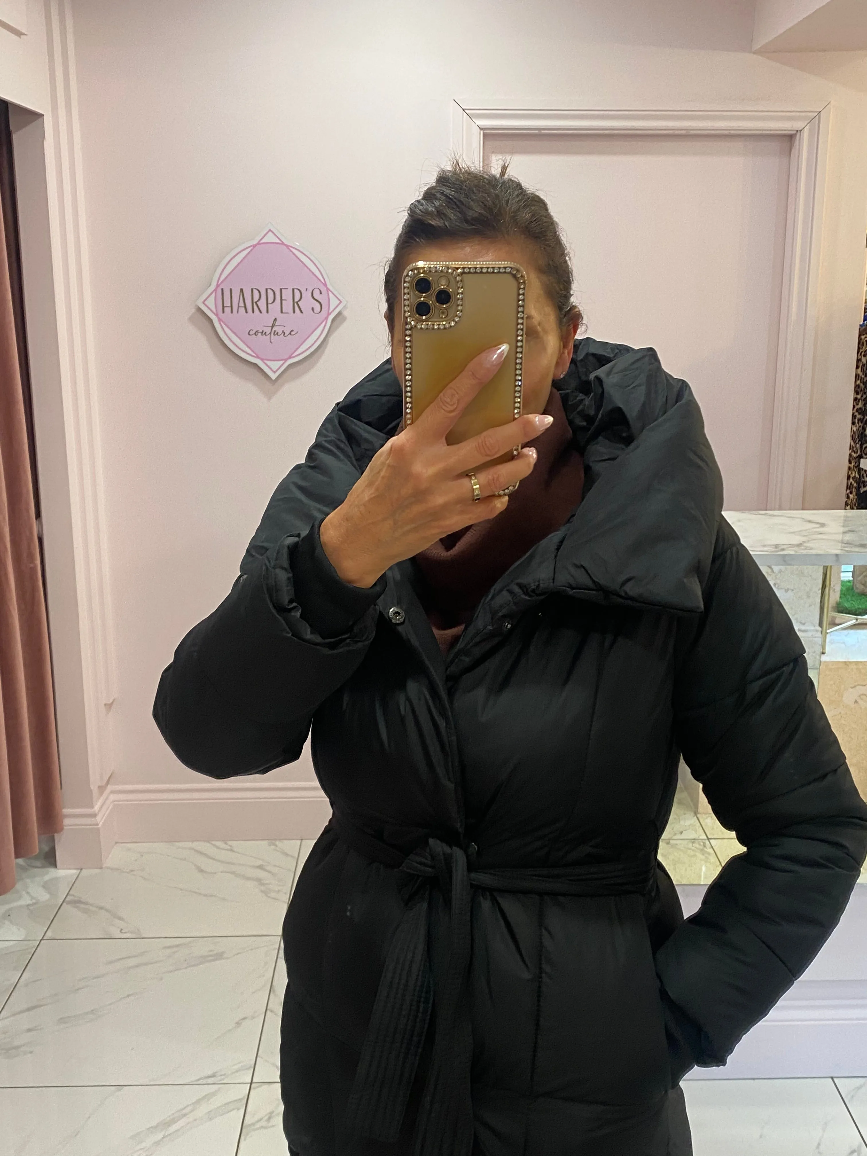 Lucinda Black Longline Belted Puffer Coat