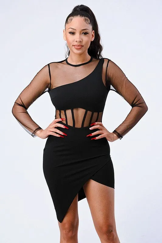 LUX SEE-THRU ASYMMETRICAL HI-LOW HEM BODYCON DRESS