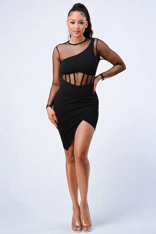 LUX SEE-THRU ASYMMETRICAL HI-LOW HEM BODYCON DRESS