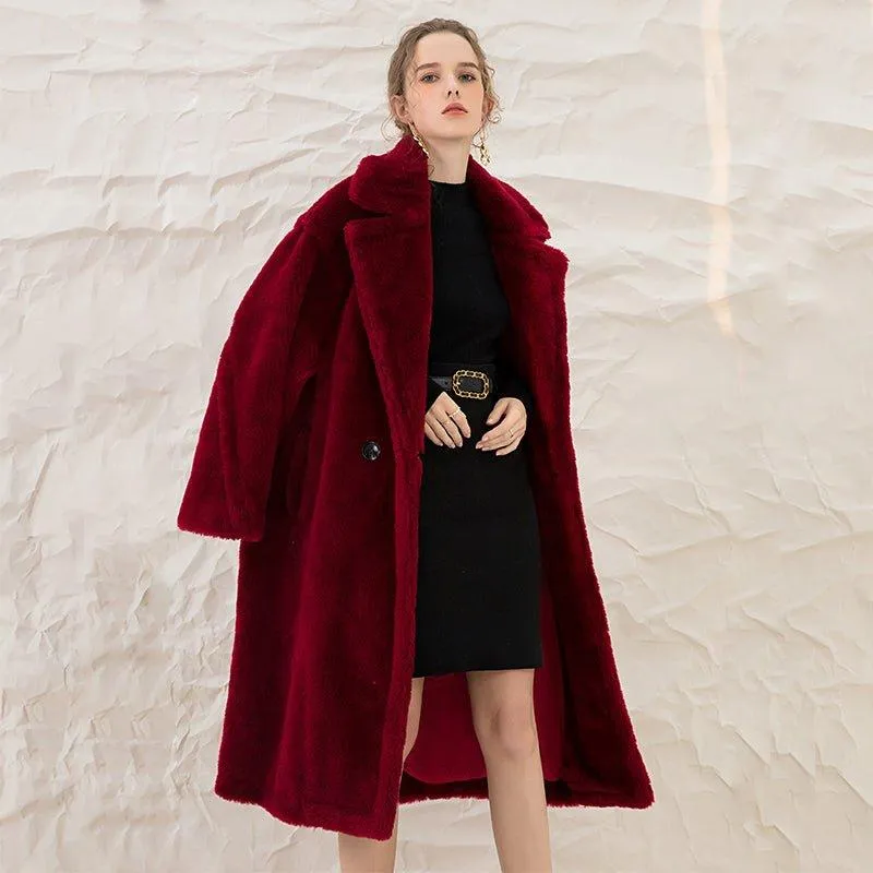 Luxe Autumn winter wine red thick pure wool coat lapel velvet coat- Teddy