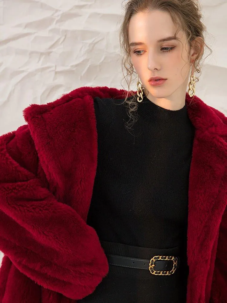 Luxe Autumn winter wine red thick pure wool coat lapel velvet coat- Teddy