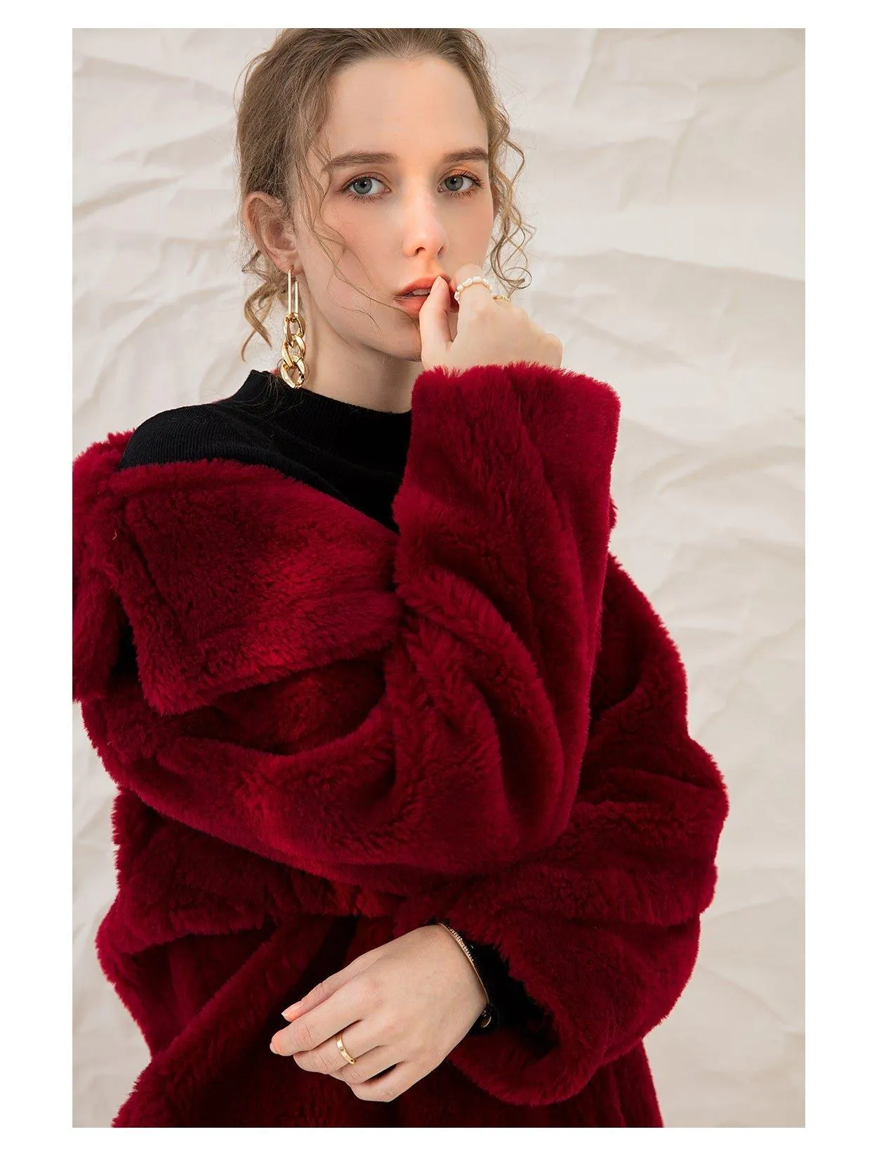 Luxe Autumn winter wine red thick pure wool coat lapel velvet coat- Teddy