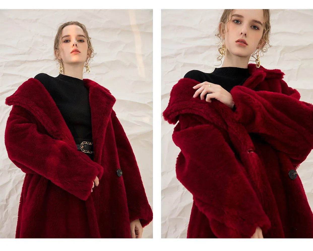 Luxe Autumn winter wine red thick pure wool coat lapel velvet coat- Teddy