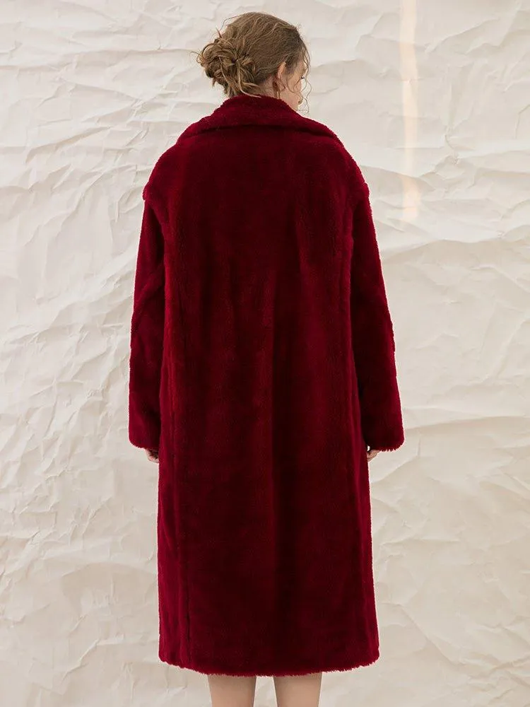 Luxe Autumn winter wine red thick pure wool coat lapel velvet coat- Teddy