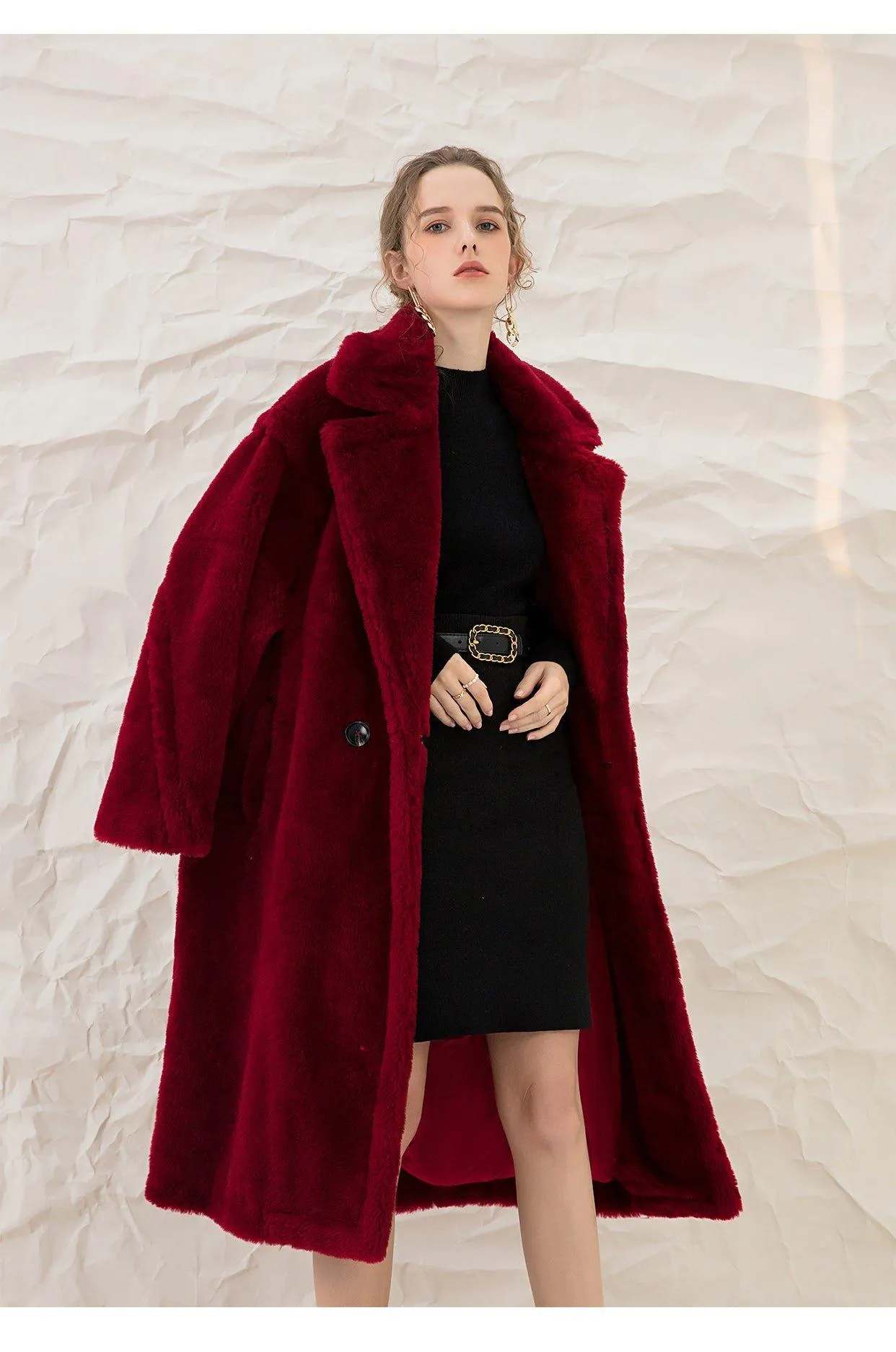 Luxe Autumn winter wine red thick pure wool coat lapel velvet coat- Teddy